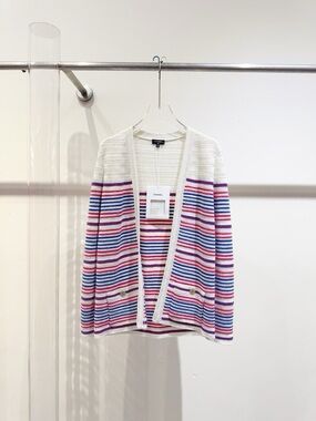 🚩steal CHANEL White Open-Front Cardigan with Pink & Blue Stripes